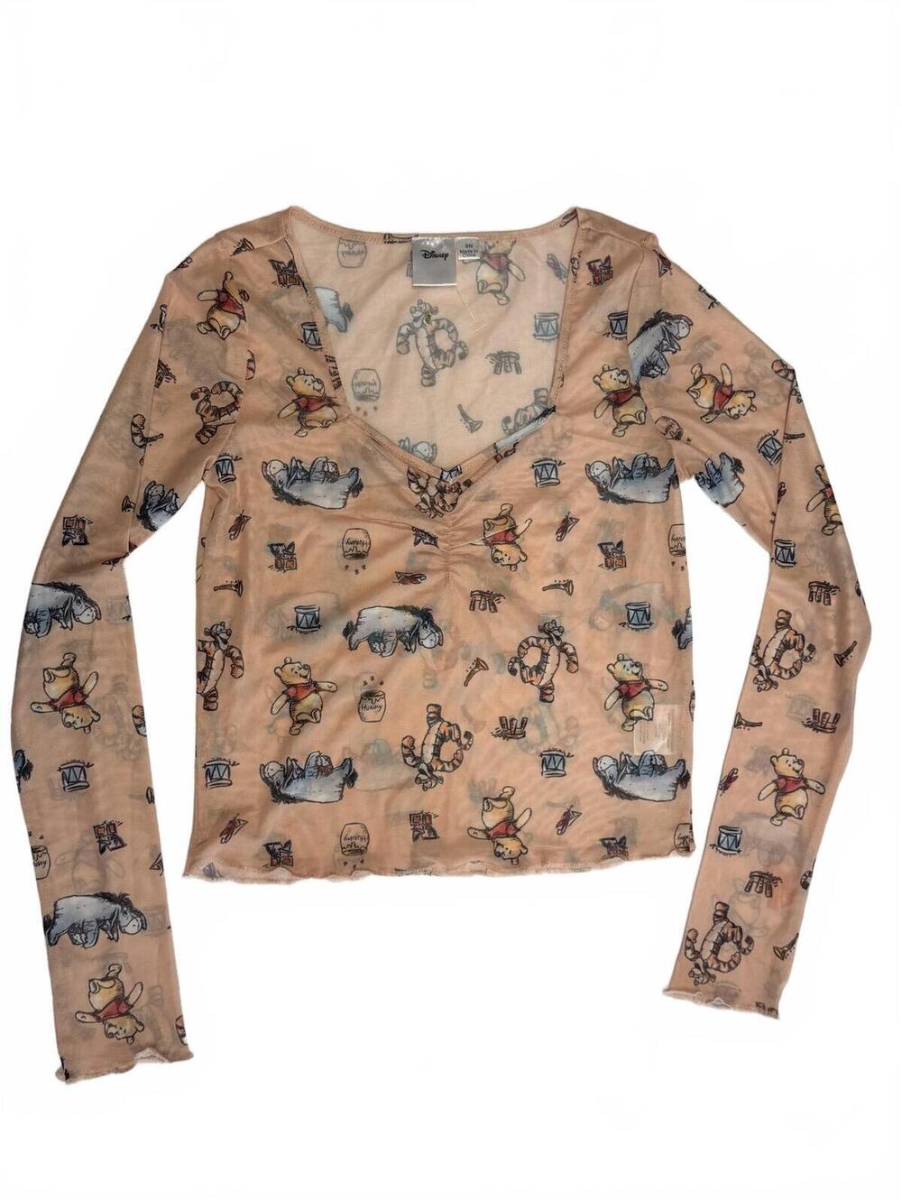 Disney Mickey Mouse Mesh Top Peach Floral Long Sleeve Sheer Coquette Fairycore M